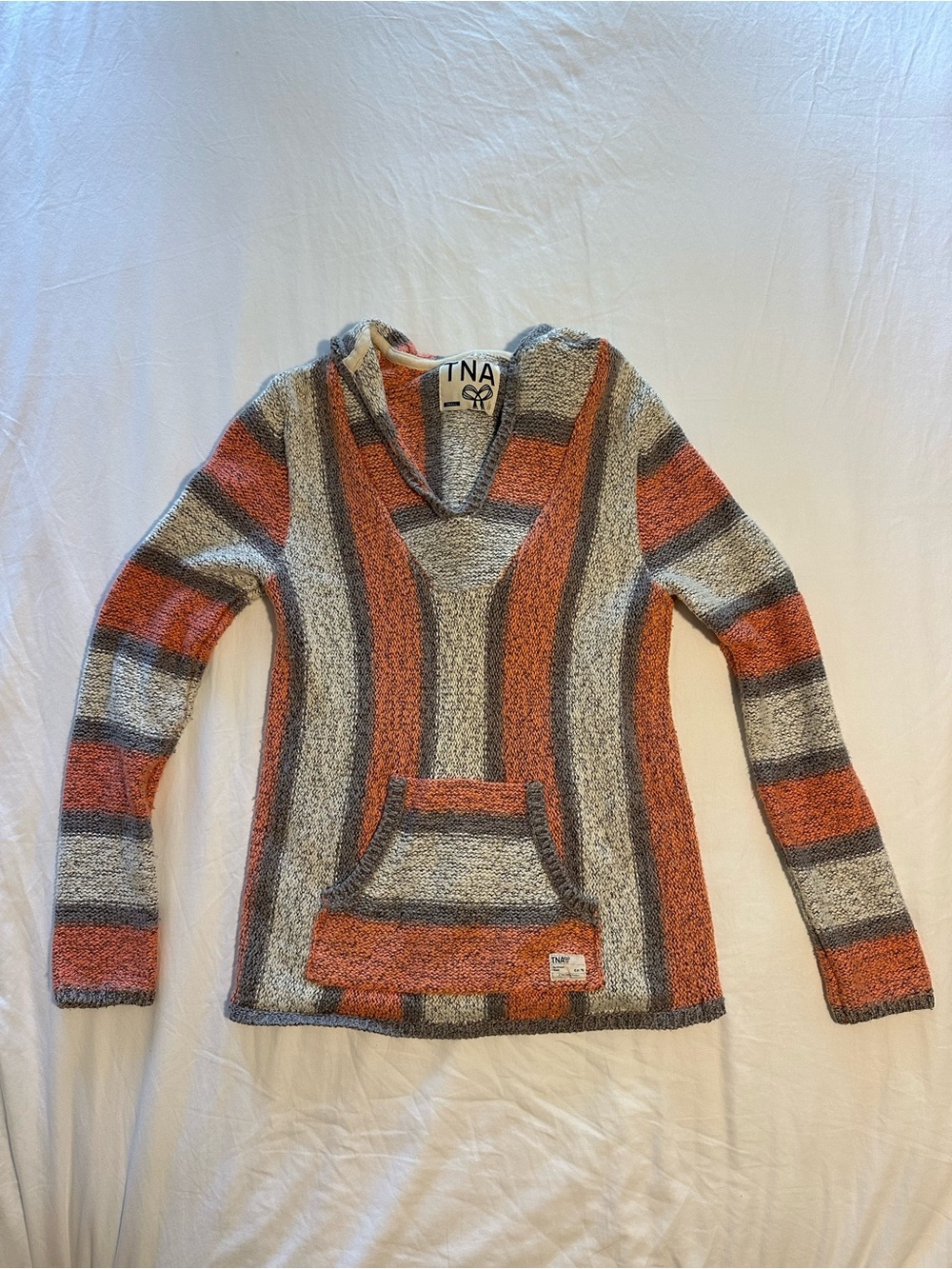 TNA Striped Hooded Crew Sweater in grey and pink